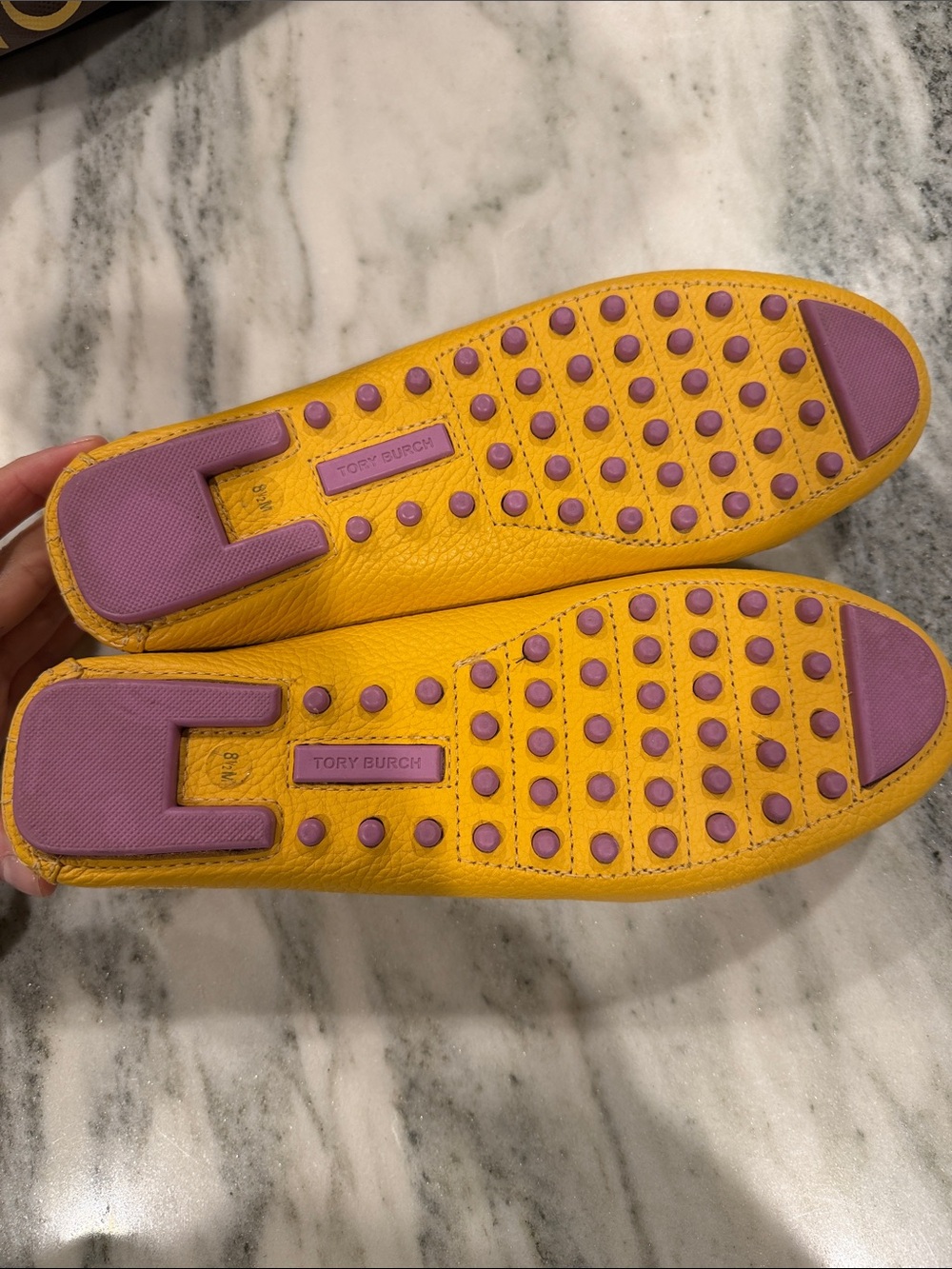 Tory Burch Mustard Yellow Leather Logo Driving Loafers - Picture 2 of 2